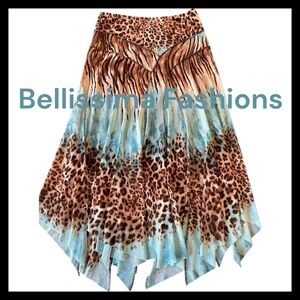 Vintage Bellissima Fashions Brown/Blue Leopard Print Asymmetric Midi Skirt (10)